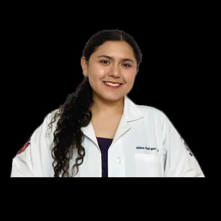 Professional woman wearing a white medical coat over dark clothing, smiling at the camera against a black background