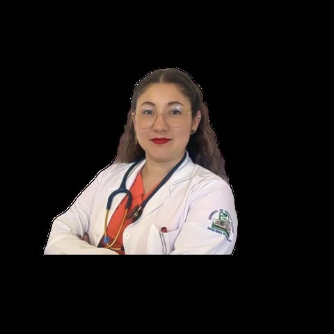 Female doctor wearing white lab coat and red stethoscope against black background