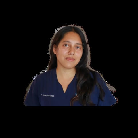 Portrait of a woman with long dark hair wearing a dark blue medical or nursing uniform