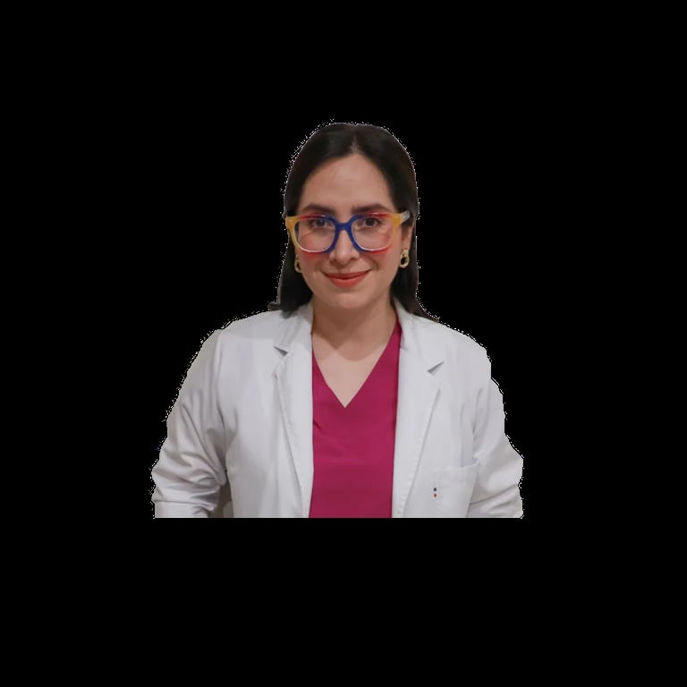 Woman wearing glasses, white blazer, and magenta top against black background