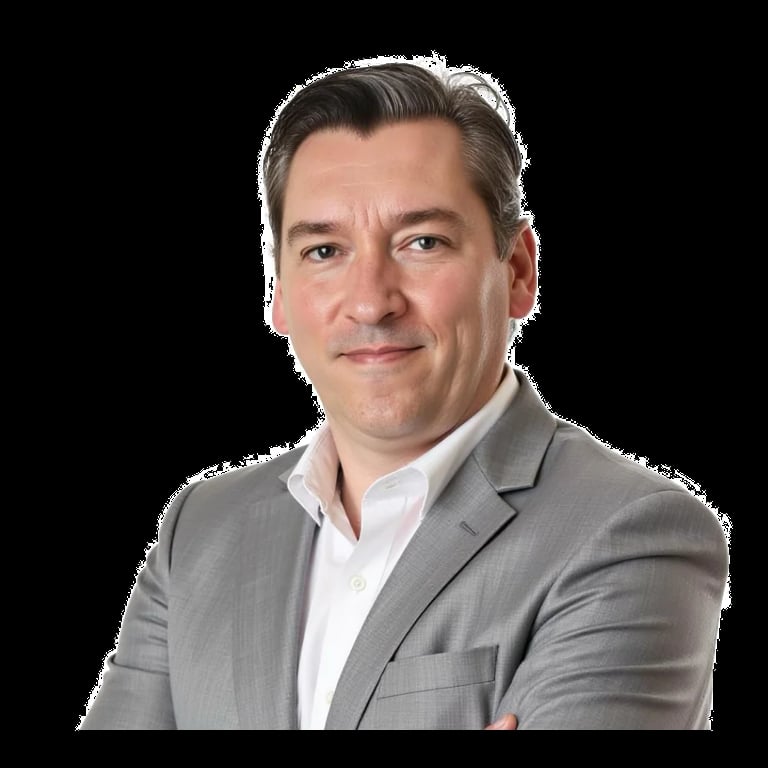 Professional headshot of a middle-aged man in a gray blazer and white shirt against a black background