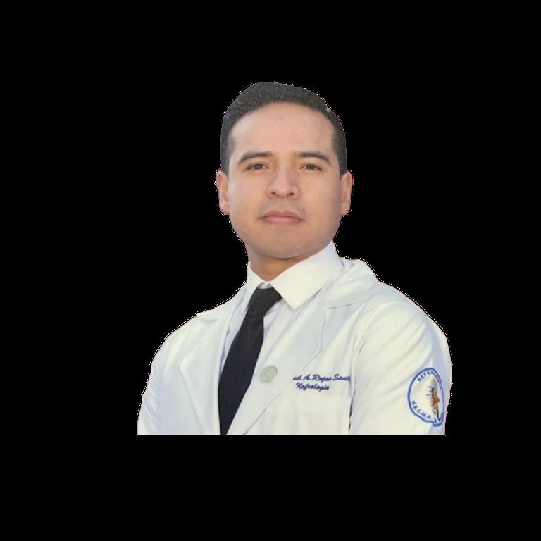 Professional headshot of a male doctor wearing a white lab coat and black tie with a medical institution badge