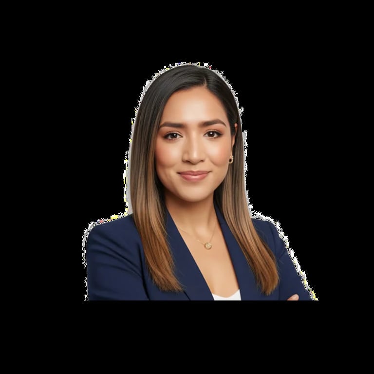 Professional headshot of a woman with long brown hair wearing a dark blue blazer against a black background