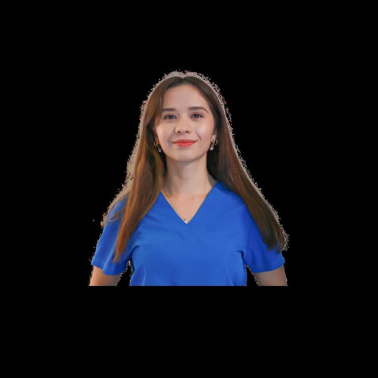 Portrait of a woman with long reddish-brown hair wearing a blue V-neck shirt against a black background