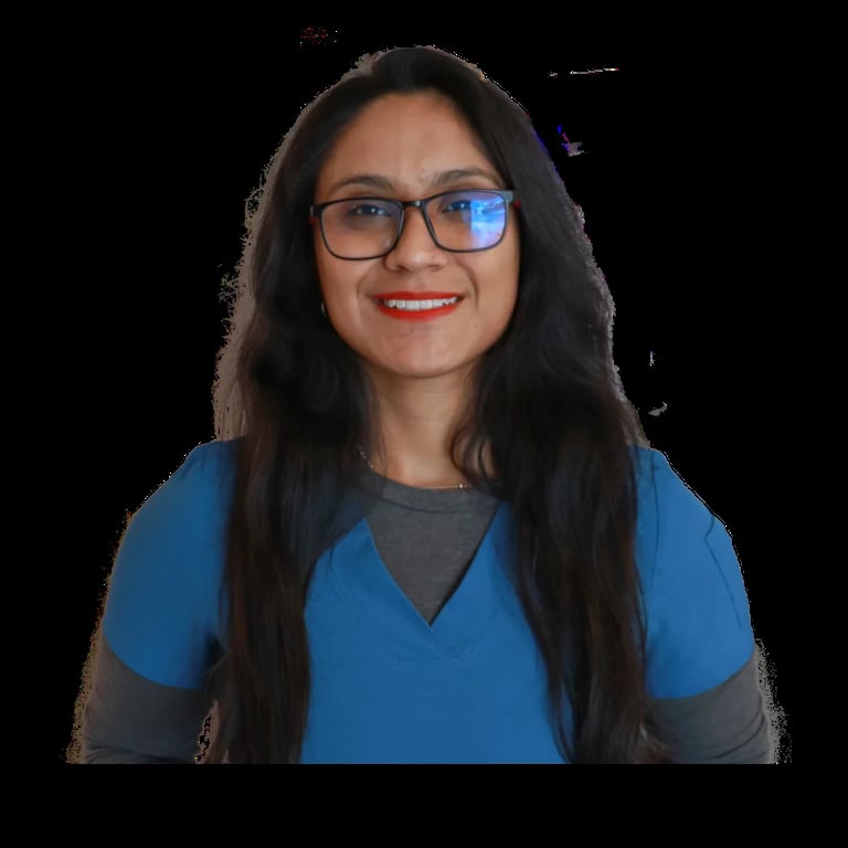 Woman with long black hair and glasses wearing a blue shirt, smiling against a black background