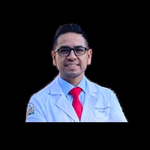 Professional portrait of a man wearing glasses, white lab coat, and red tie against a black background