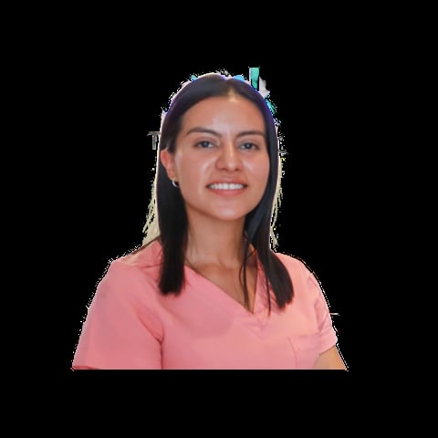 Woman with long dark hair wearing a pink shirt, smiling against a transparent background