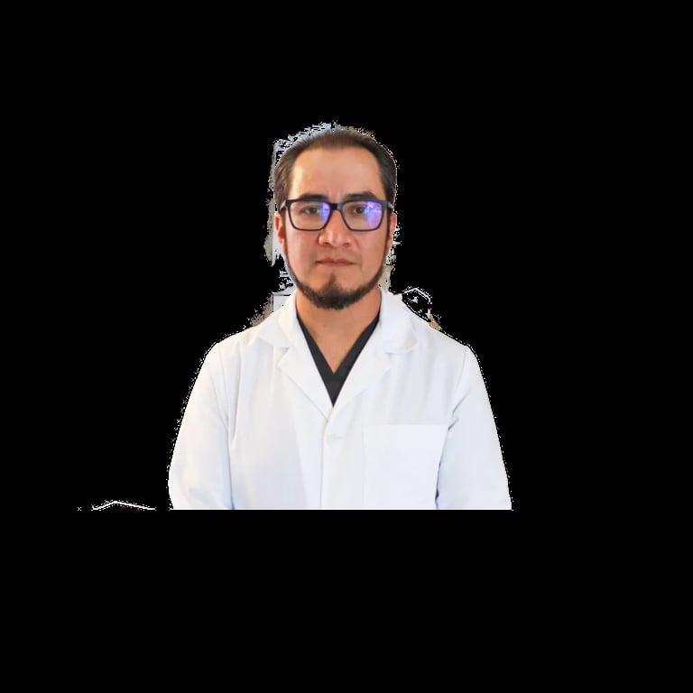 Man wearing blue-framed glasses and white lab coat with dark undershirt against black background