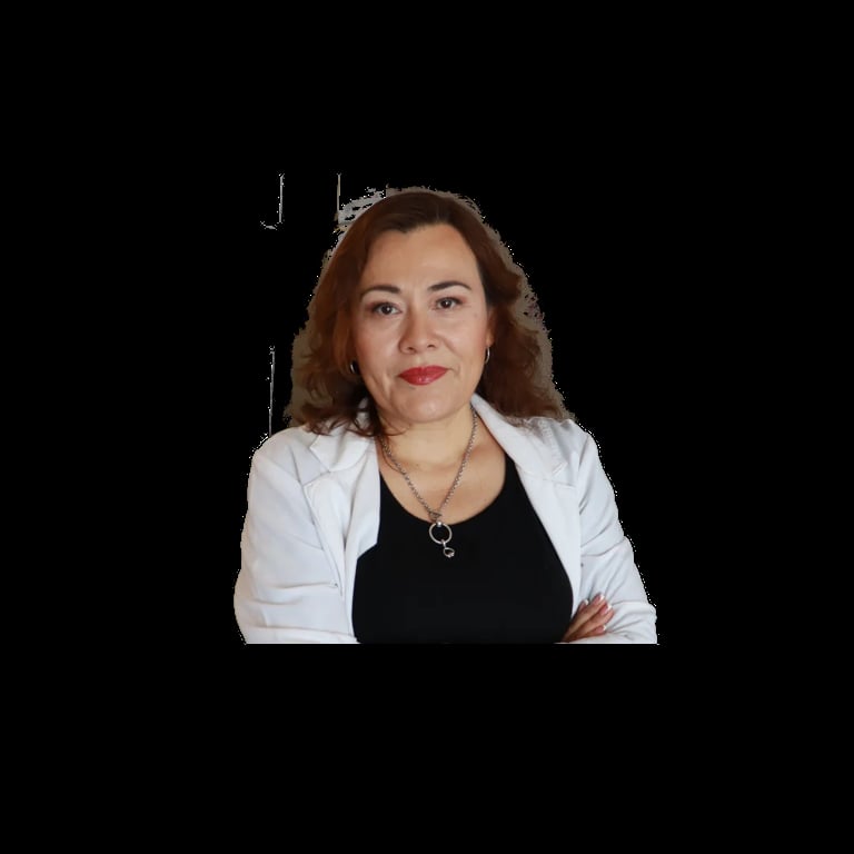 Woman with reddish-brown wavy hair wearing a white jacket over a black top, smiling at the camera against a black background